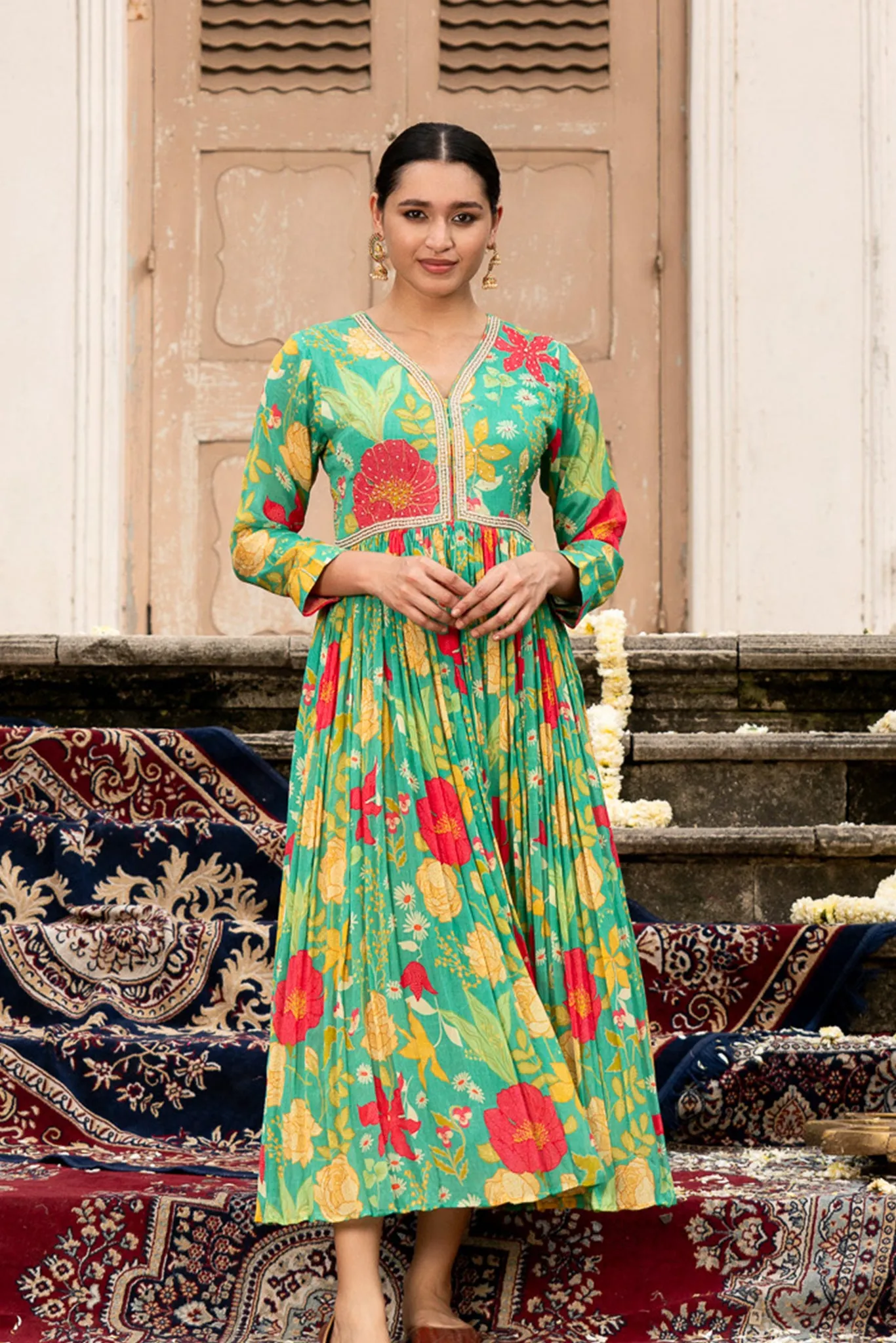 Green Chiffon Gown with Purl Embroidery in Yoke