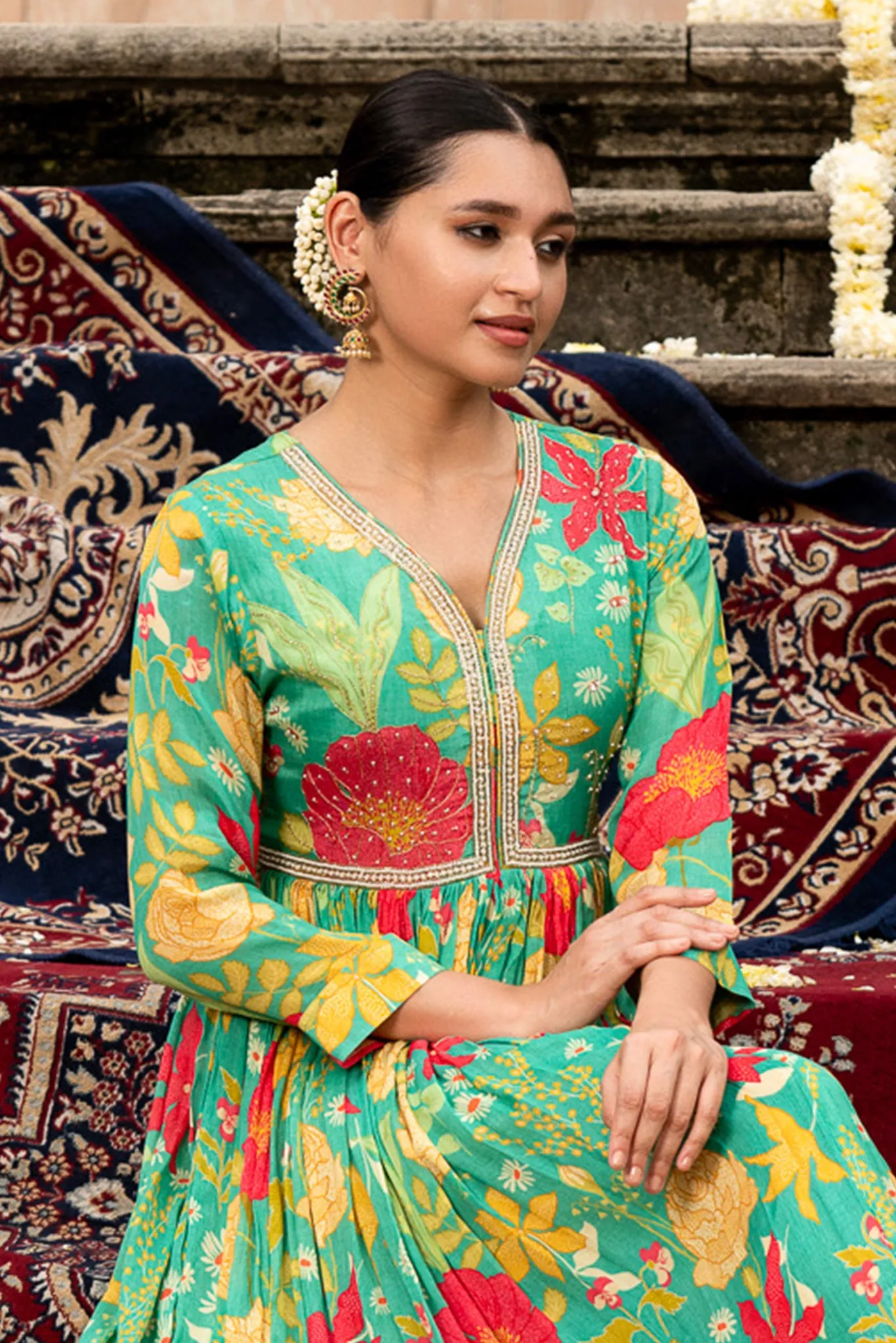 Green Chiffon Gown with Purl Embroidery in Yoke