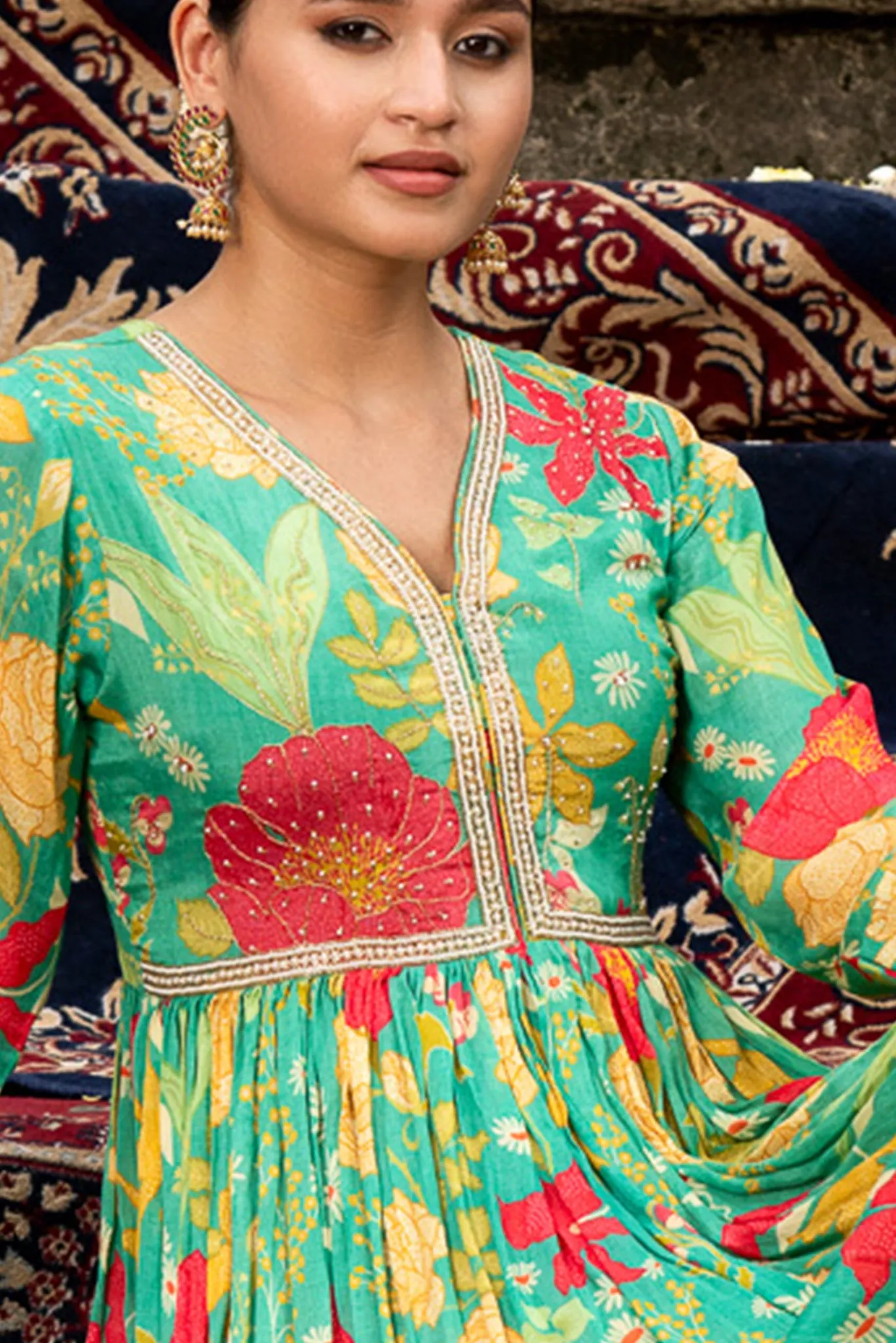 Green Chiffon Gown with Purl Embroidery in Yoke