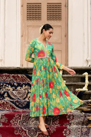 Green Chiffon Gown with Purl Embroidery in Yoke