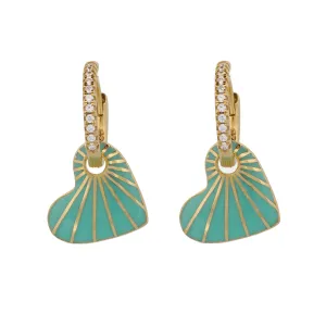 Green Enamel Heart Diamond Hoop Gold Earrings