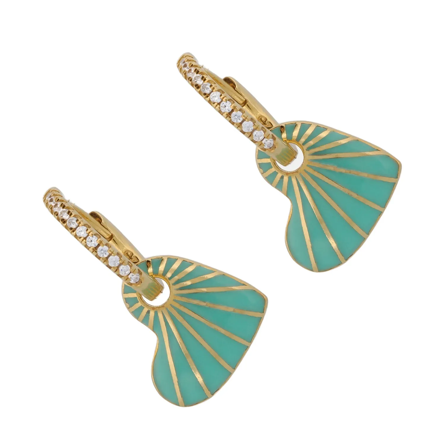 Green Enamel Heart Diamond Hoop Gold Earrings