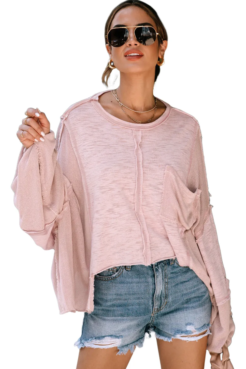 Green Exposed Seam Chest Pocket Loose Sleeve Oversized Top