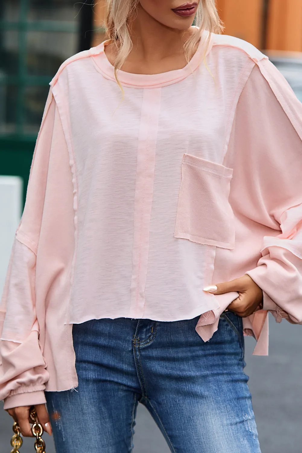 Green Exposed Seam Chest Pocket Loose Sleeve Oversized Top