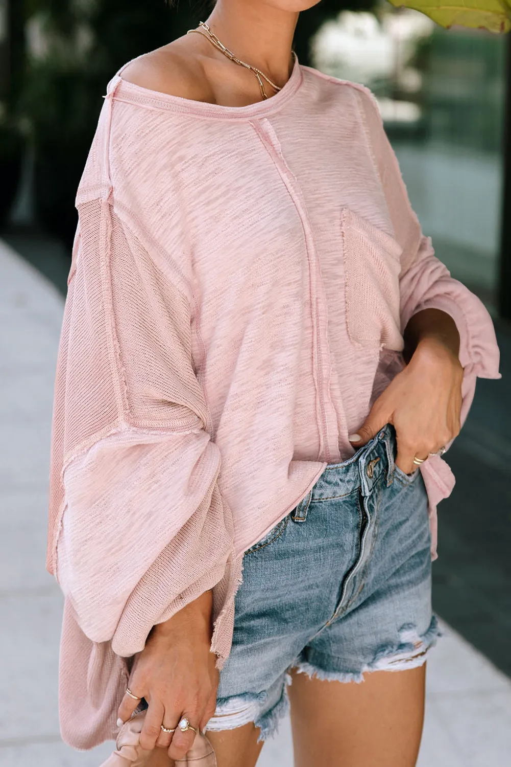 Green Exposed Seam Chest Pocket Loose Sleeve Oversized Top