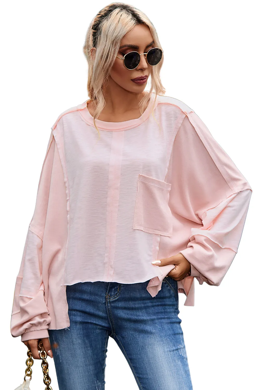 Green Exposed Seam Chest Pocket Loose Sleeve Oversized Top