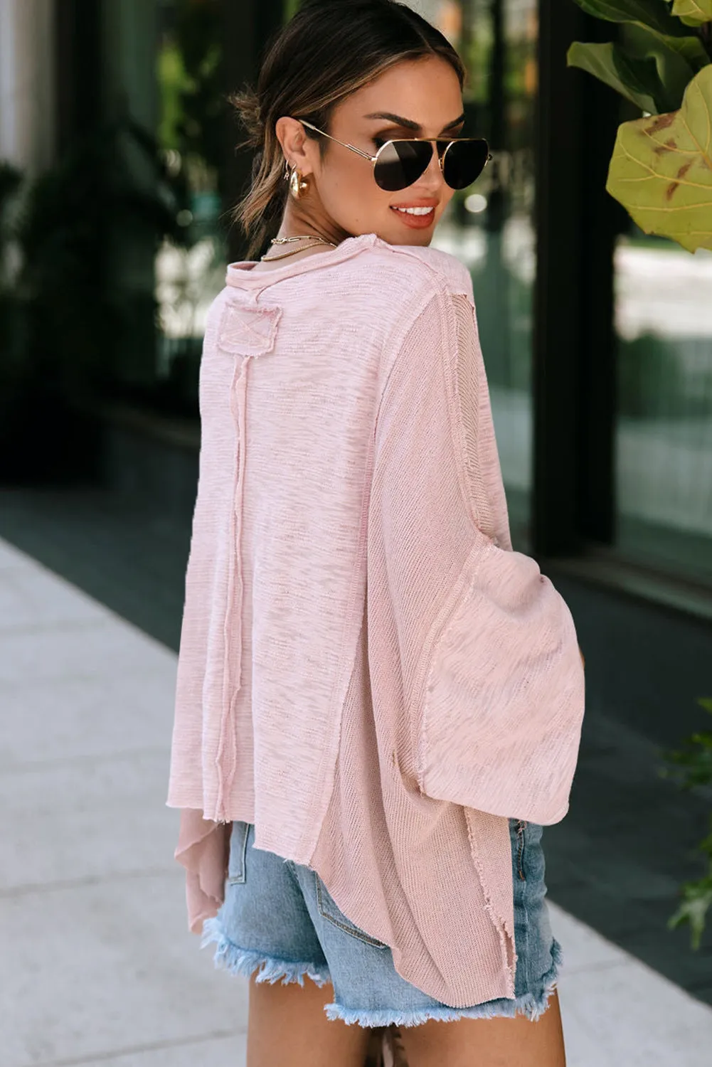 Green Exposed Seam Chest Pocket Loose Sleeve Oversized Top