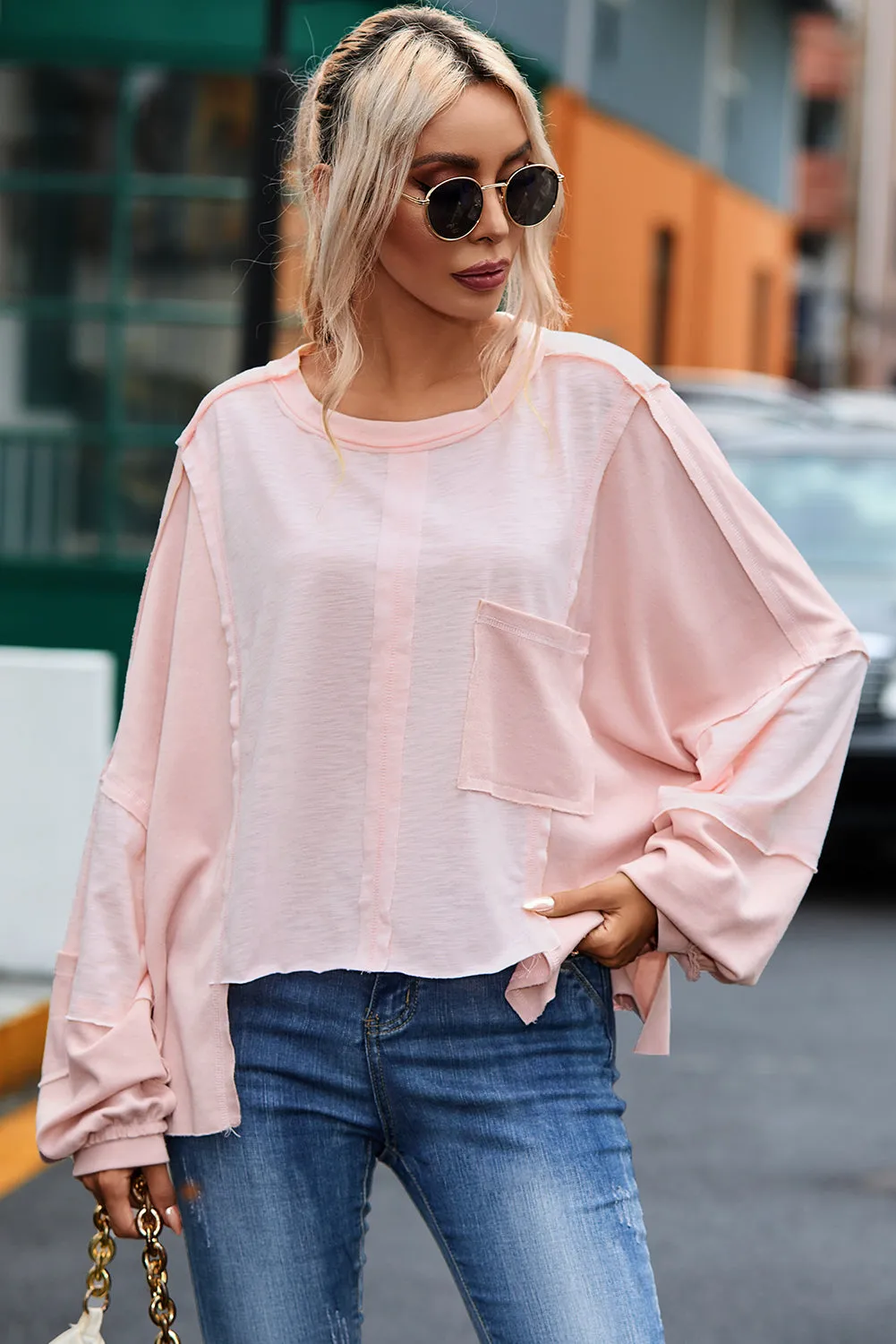 Green Exposed Seam Chest Pocket Loose Sleeve Oversized Top