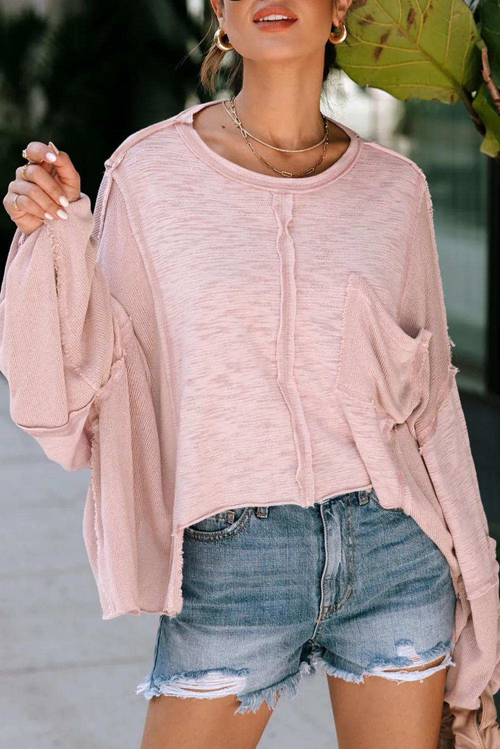 Green Exposed Seam Chest Pocket Loose Sleeve Oversized Top