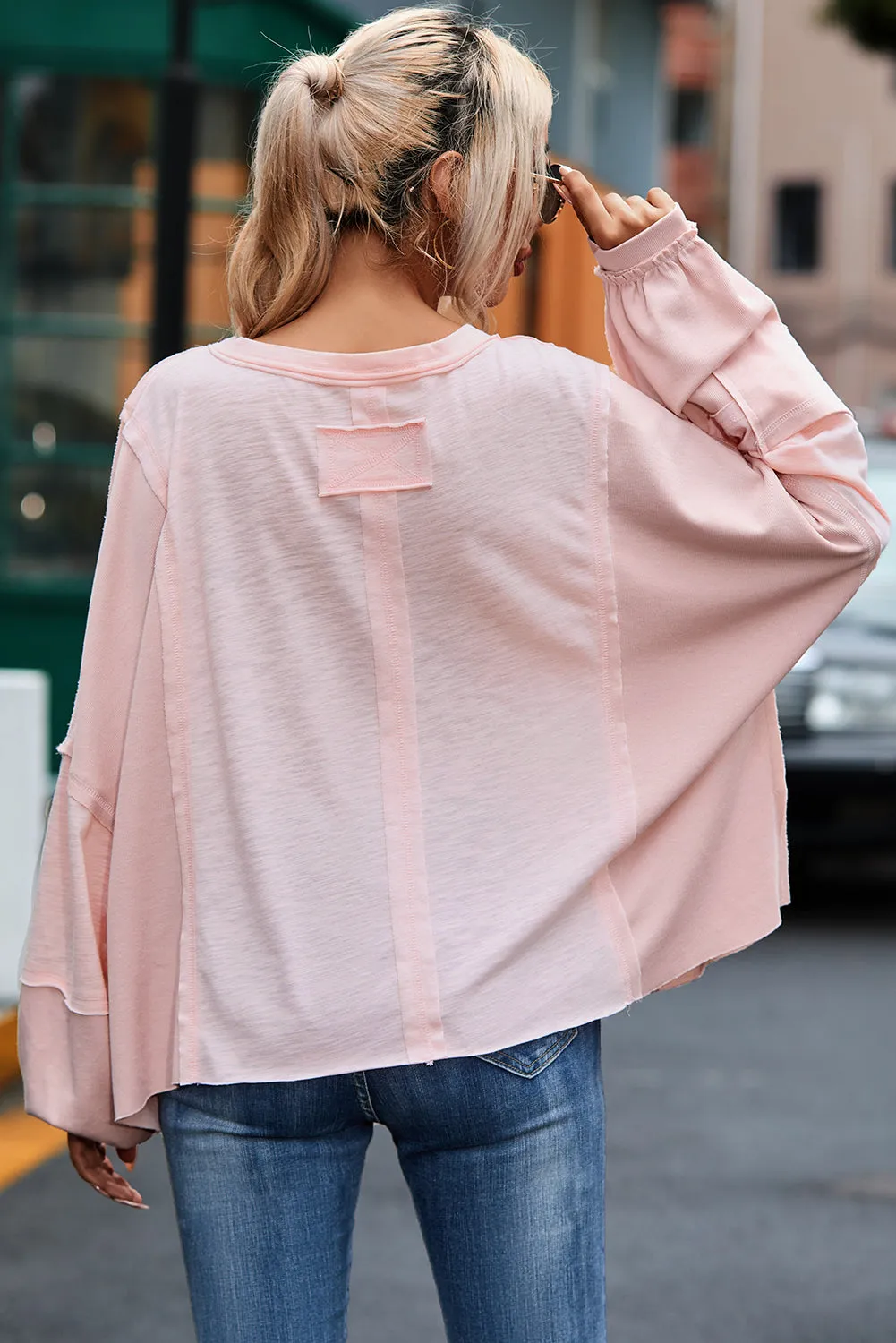 Green Exposed Seam Chest Pocket Loose Sleeve Oversized Top