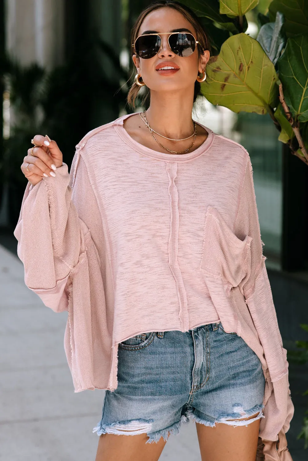 Green Exposed Seam Chest Pocket Loose Sleeve Oversized Top