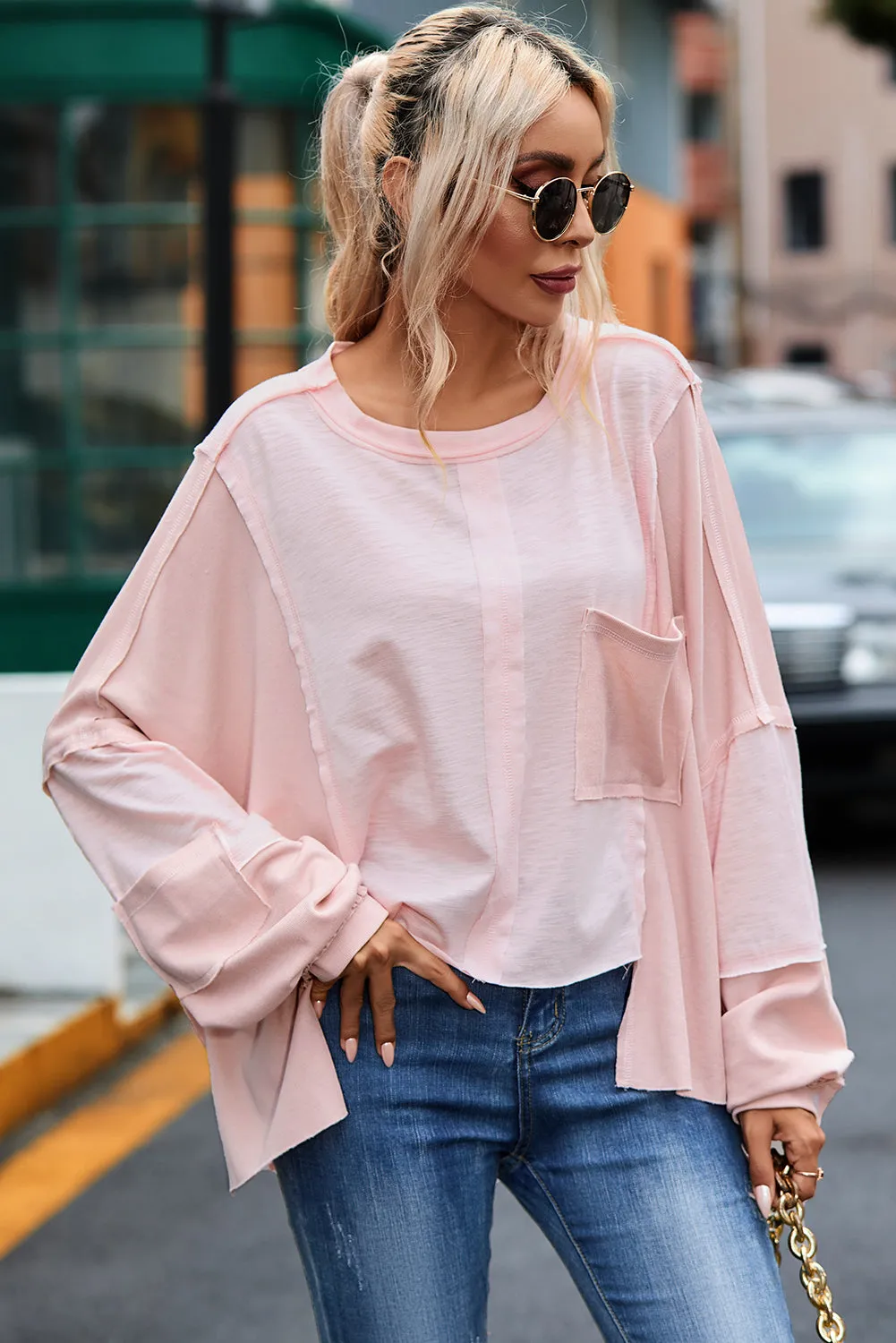 Green Exposed Seam Chest Pocket Loose Sleeve Oversized Top