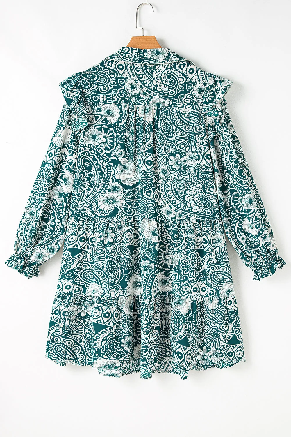 Green Floral Flounce Sleeve Split Neck Plus Size Dress