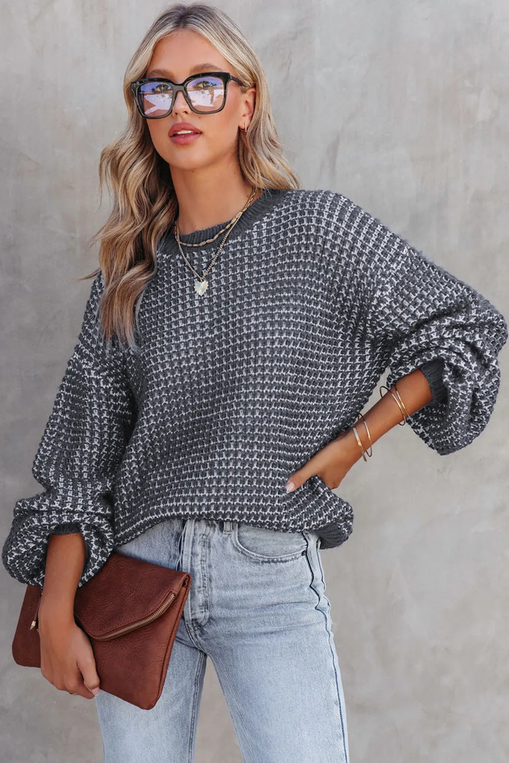 Green Heathered Knit Drop Shoulder Puff Sleeve Sweater