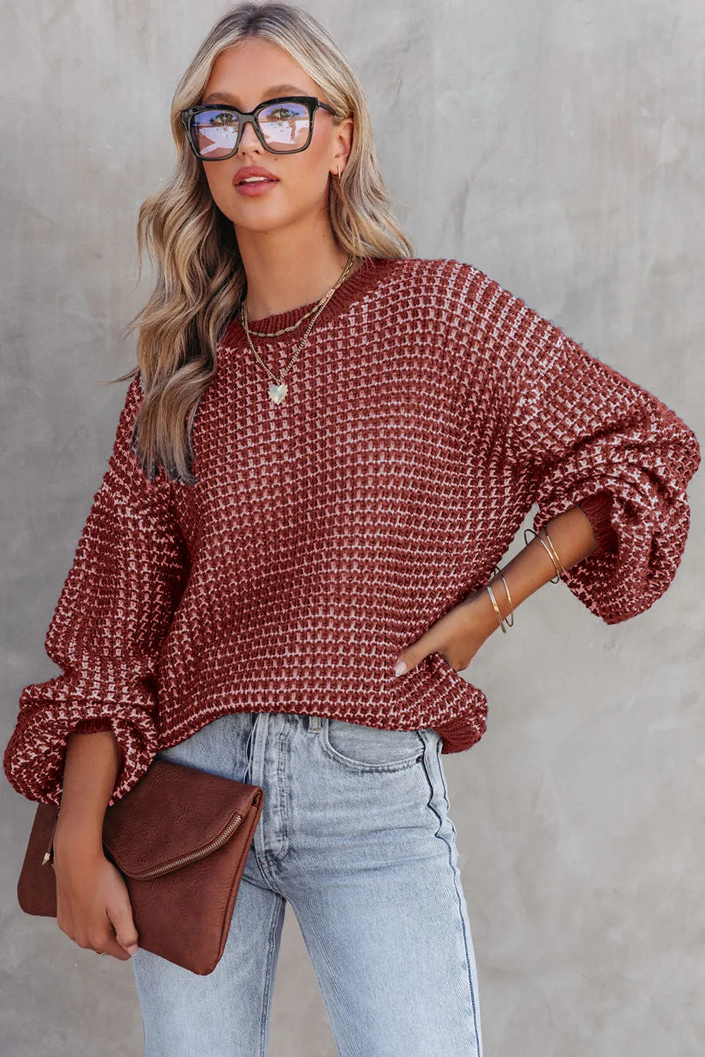 Green Heathered Knit Drop Shoulder Puff Sleeve Sweater