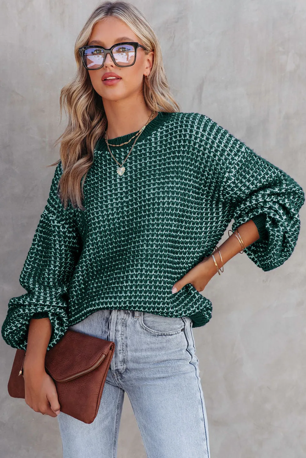 Green Heathered Knit Drop Shoulder Puff Sleeve Sweater