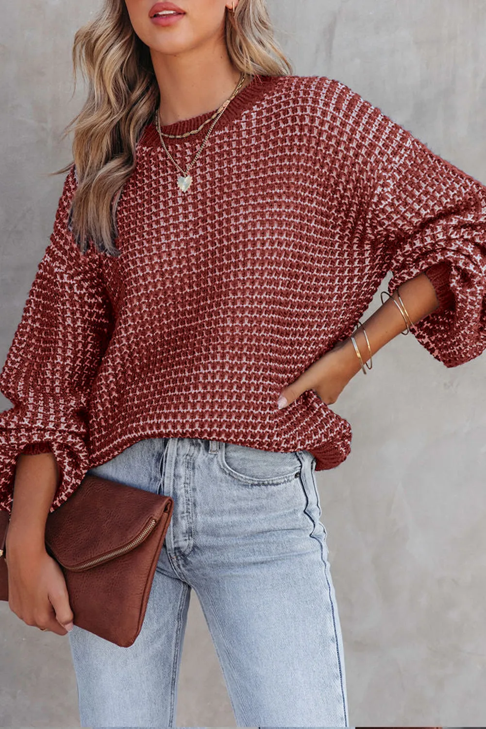 Green Heathered Knit Drop Shoulder Puff Sleeve Sweater