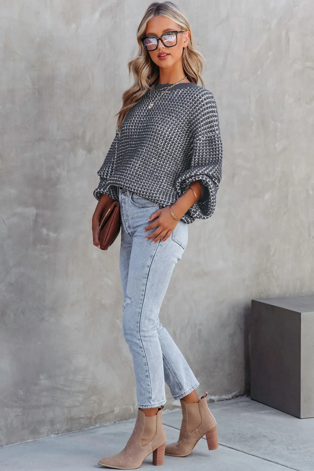 Green Heathered Knit Drop Shoulder Puff Sleeve Sweater