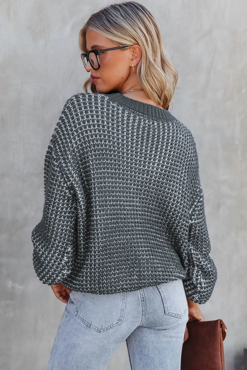 Green Heathered Knit Drop Shoulder Puff Sleeve Sweater