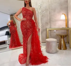 Green Luxury One Shouder Split Evening Dresse Elegant Mermaid Beading Gowns Feathers For Women Party