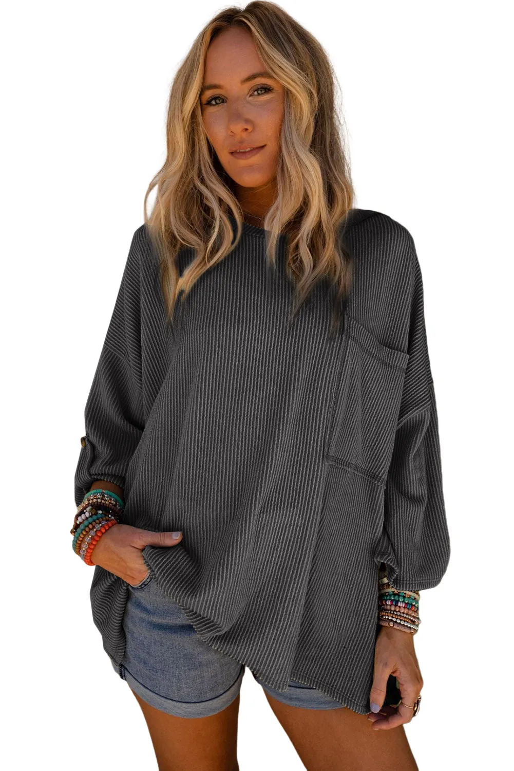 Green Ribbed Roll-tab Sleeve Chest Pocket Oversize Top