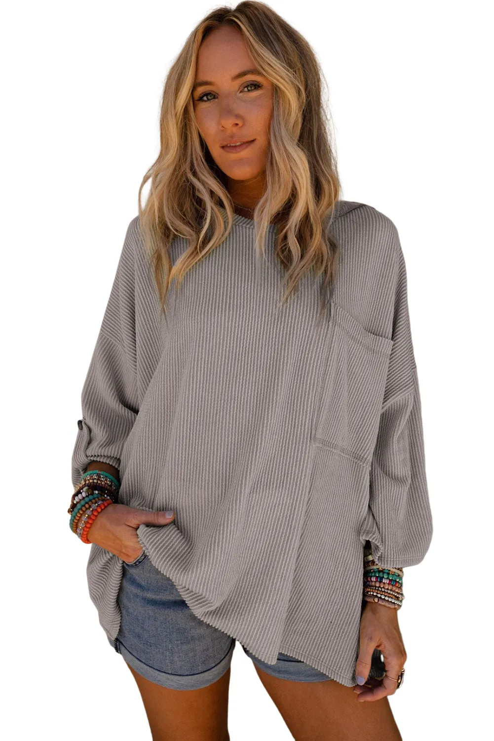 Green Ribbed Roll-tab Sleeve Chest Pocket Oversize Top