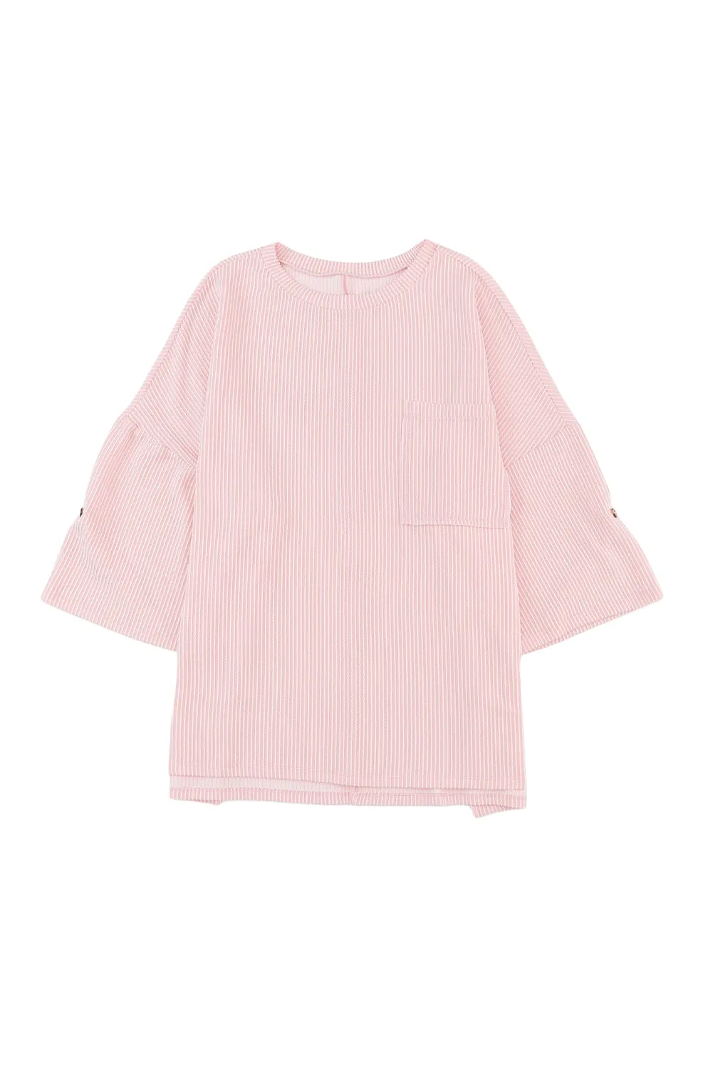 Green Ribbed Roll-tab Sleeve Chest Pocket Oversize Top