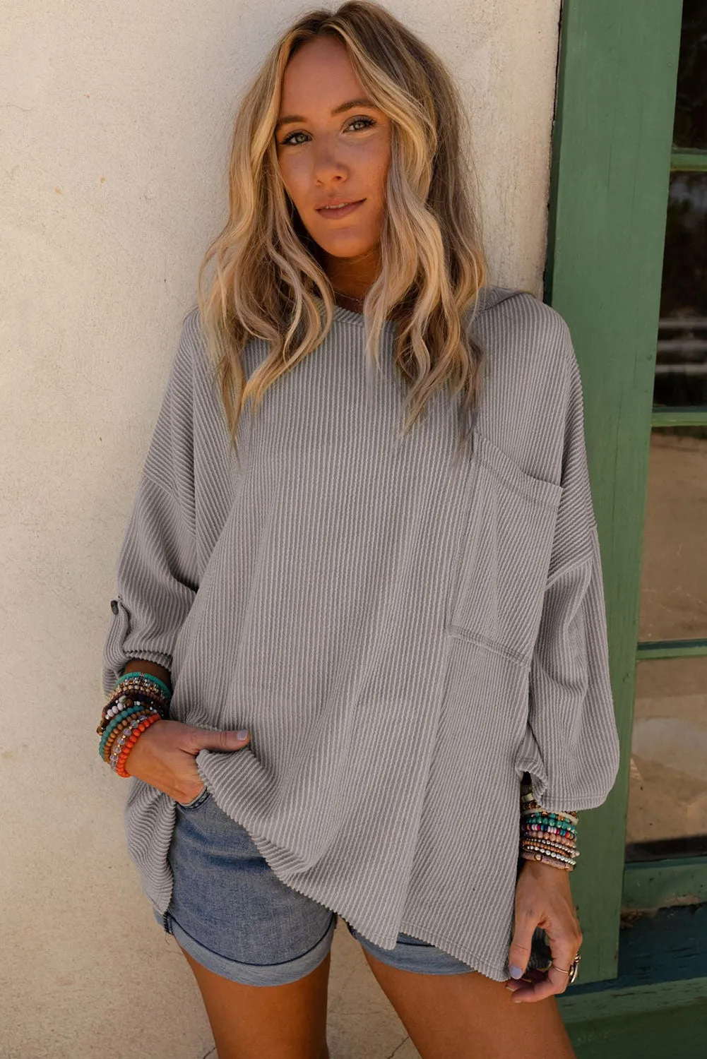 Green Ribbed Roll-tab Sleeve Chest Pocket Oversize Top