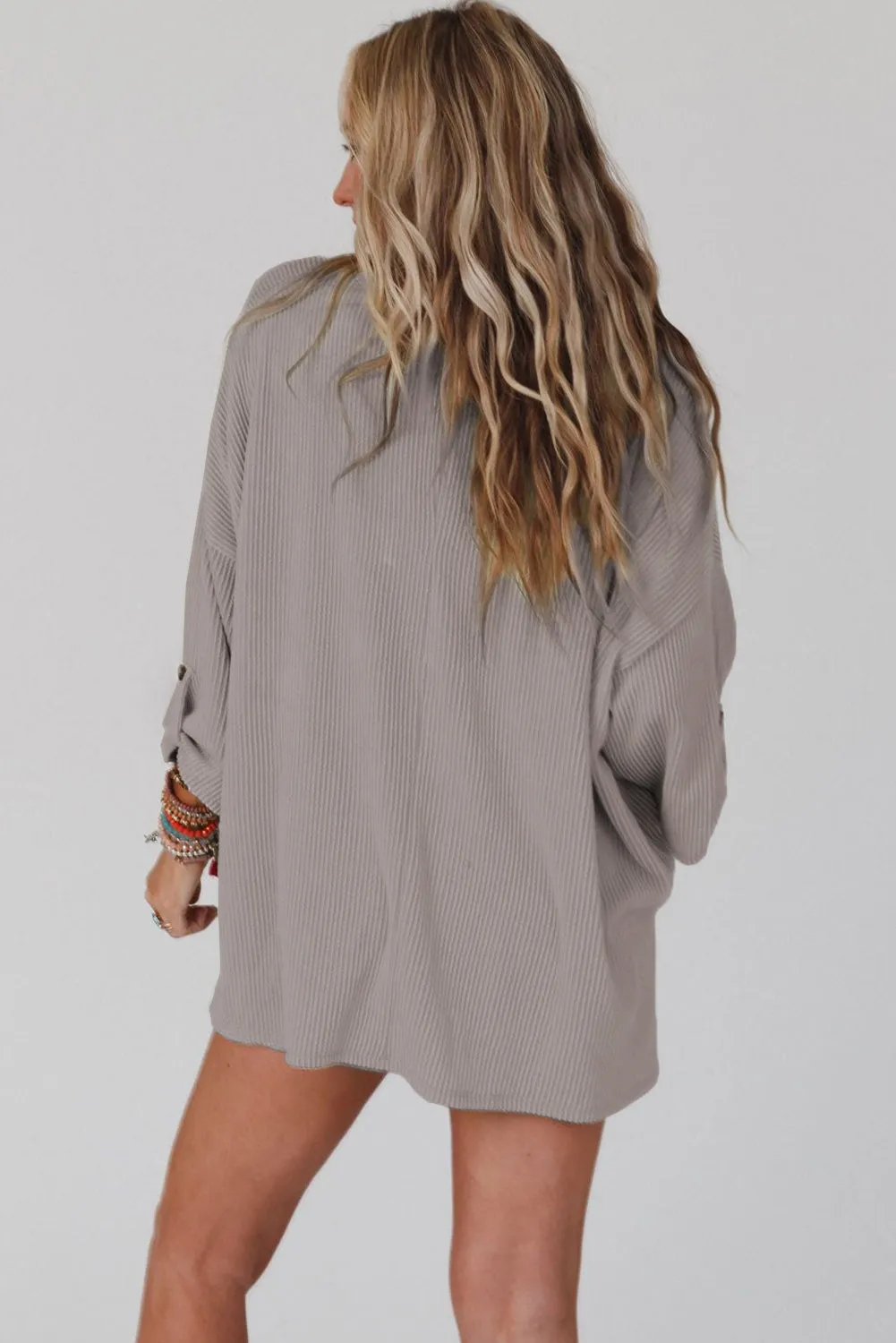 Green Ribbed Roll-tab Sleeve Chest Pocket Oversize Top