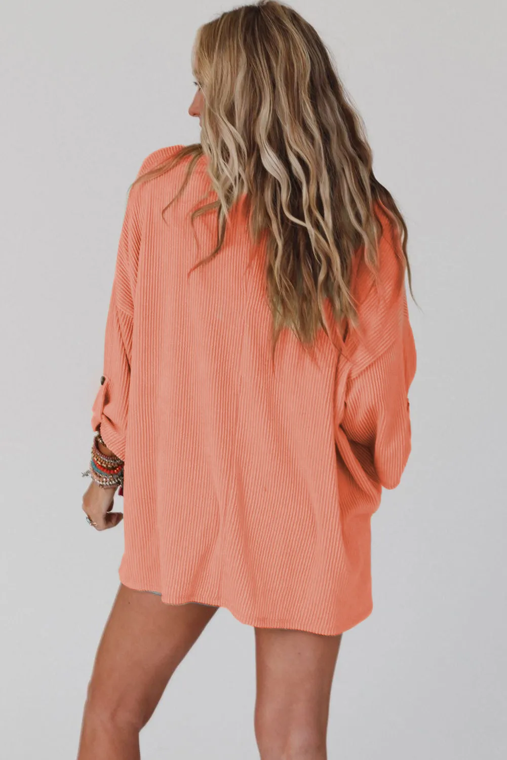 Green Ribbed Roll-tab Sleeve Chest Pocket Oversize Top