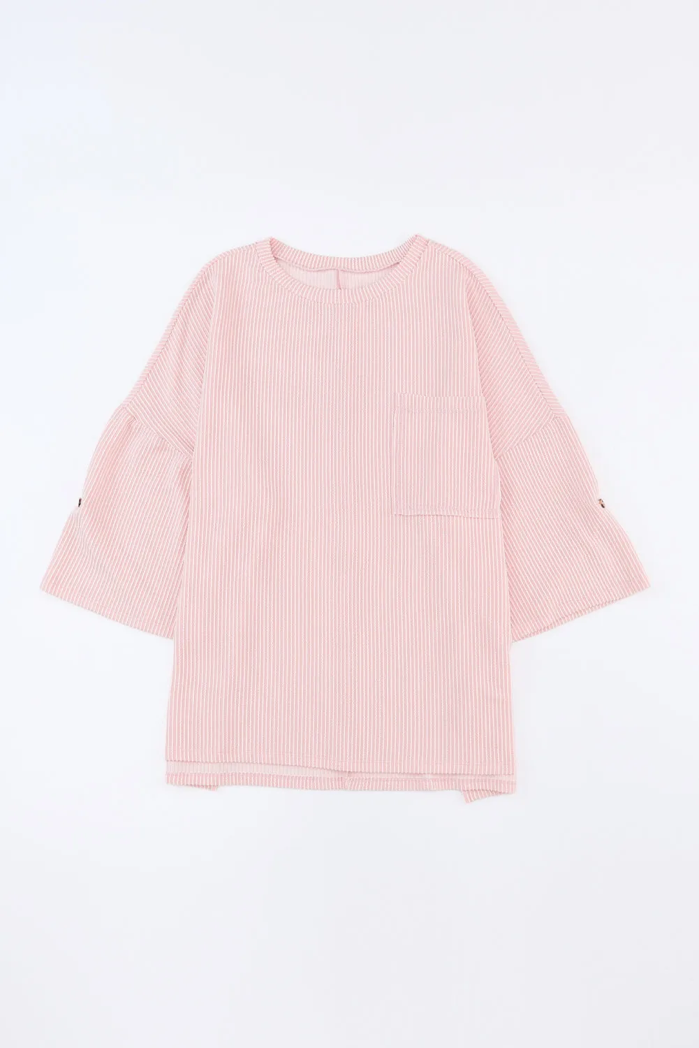 Green Ribbed Roll-tab Sleeve Chest Pocket Oversize Top