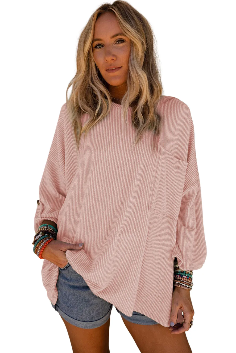 Green Ribbed Roll-tab Sleeve Chest Pocket Oversize Top