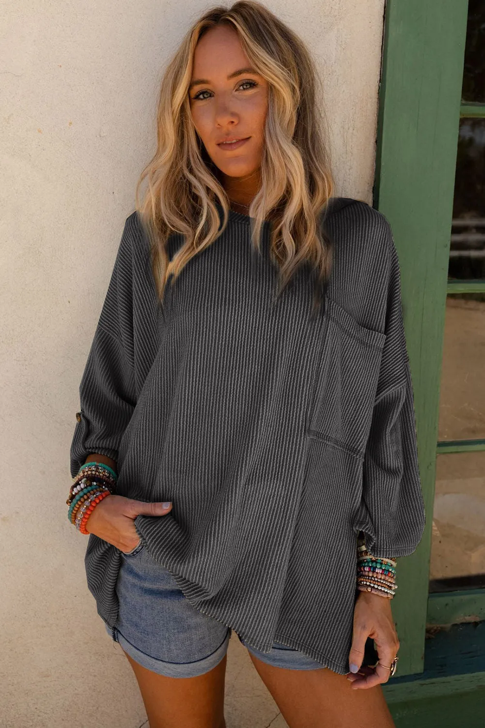 Green Ribbed Roll-tab Sleeve Chest Pocket Oversize Top