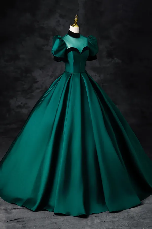 Green Satin Long Prom Dress, Elegant A Line Short Sleeve Formal Evening Dress APP0941