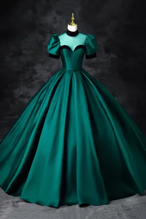 Green Satin Long Prom Dress, Elegant A Line Short Sleeve Formal Evening Dress APP0941
