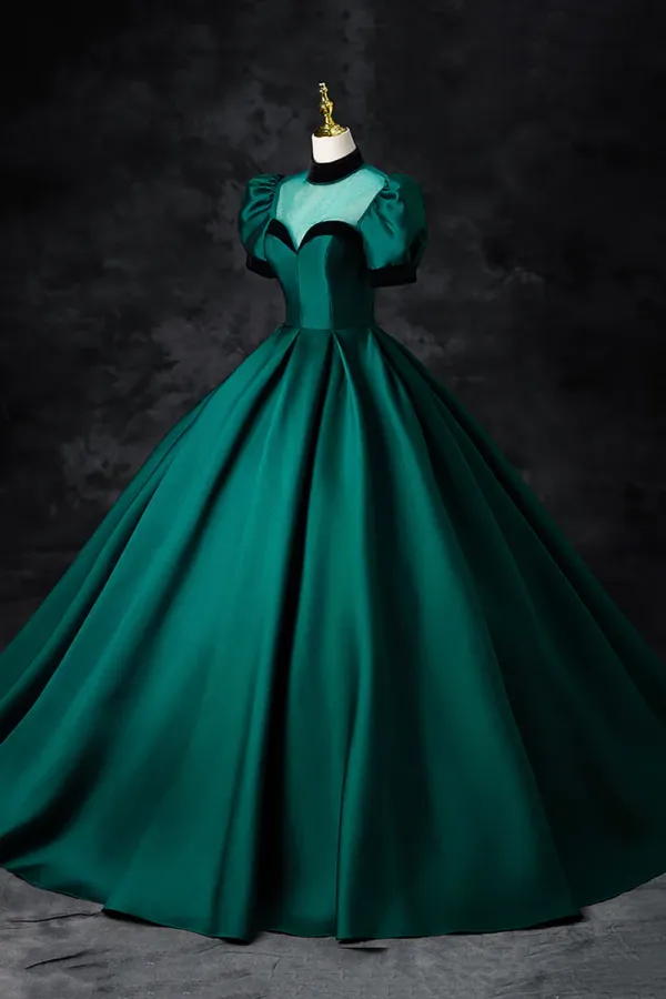 Green Satin Long Prom Dress, Elegant A Line Short Sleeve Formal Evening Dress APP0941