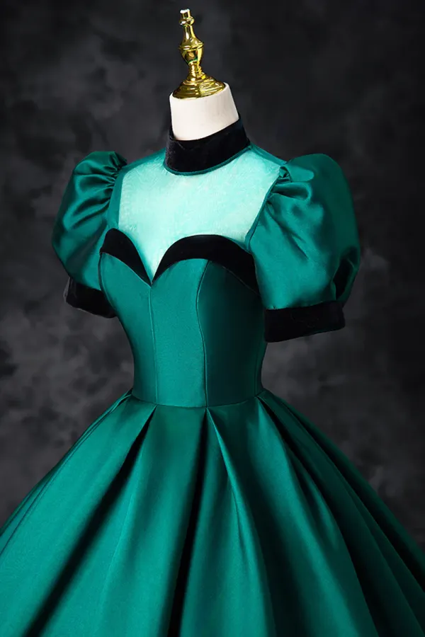 Green Satin Long Prom Dress, Elegant A Line Short Sleeve Formal Evening Dress APP0941
