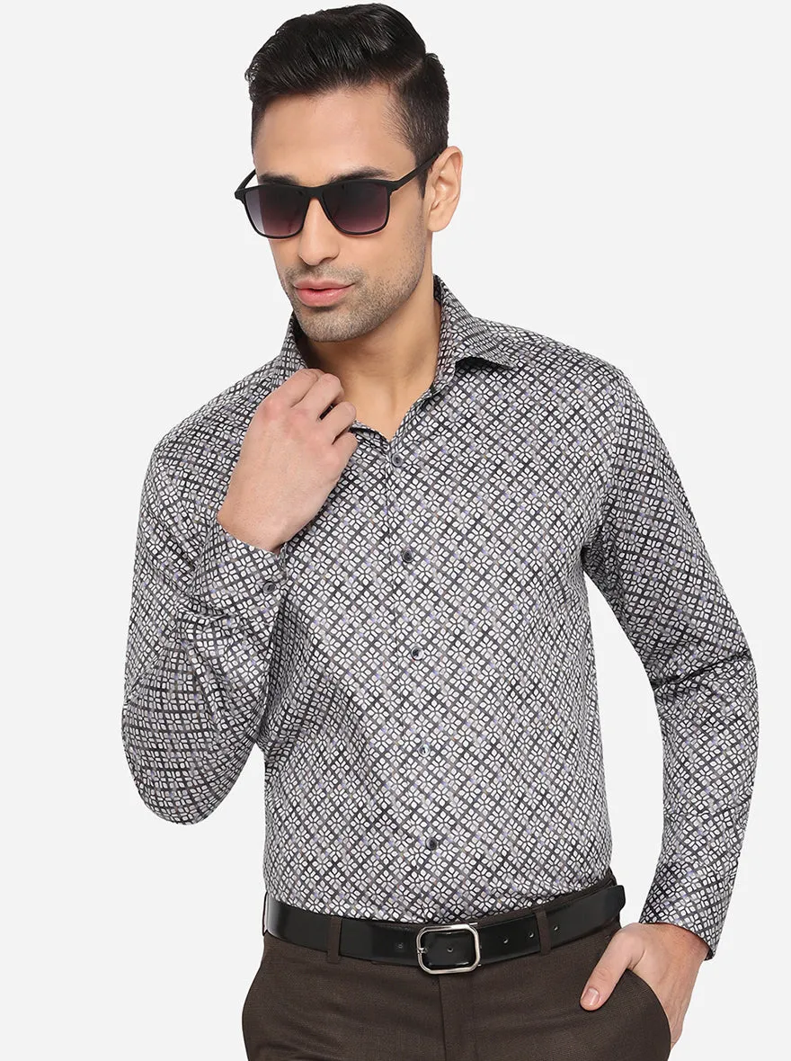Grey & Blue Printed Slim Fit Party Wear Shirt | Wyre