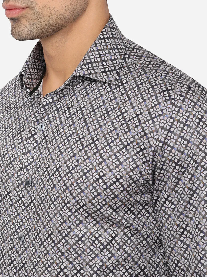 Grey & Blue Printed Slim Fit Party Wear Shirt | Wyre