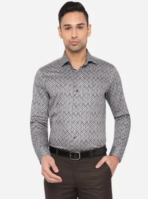Grey & Blue Printed Slim Fit Party Wear Shirt | Wyre