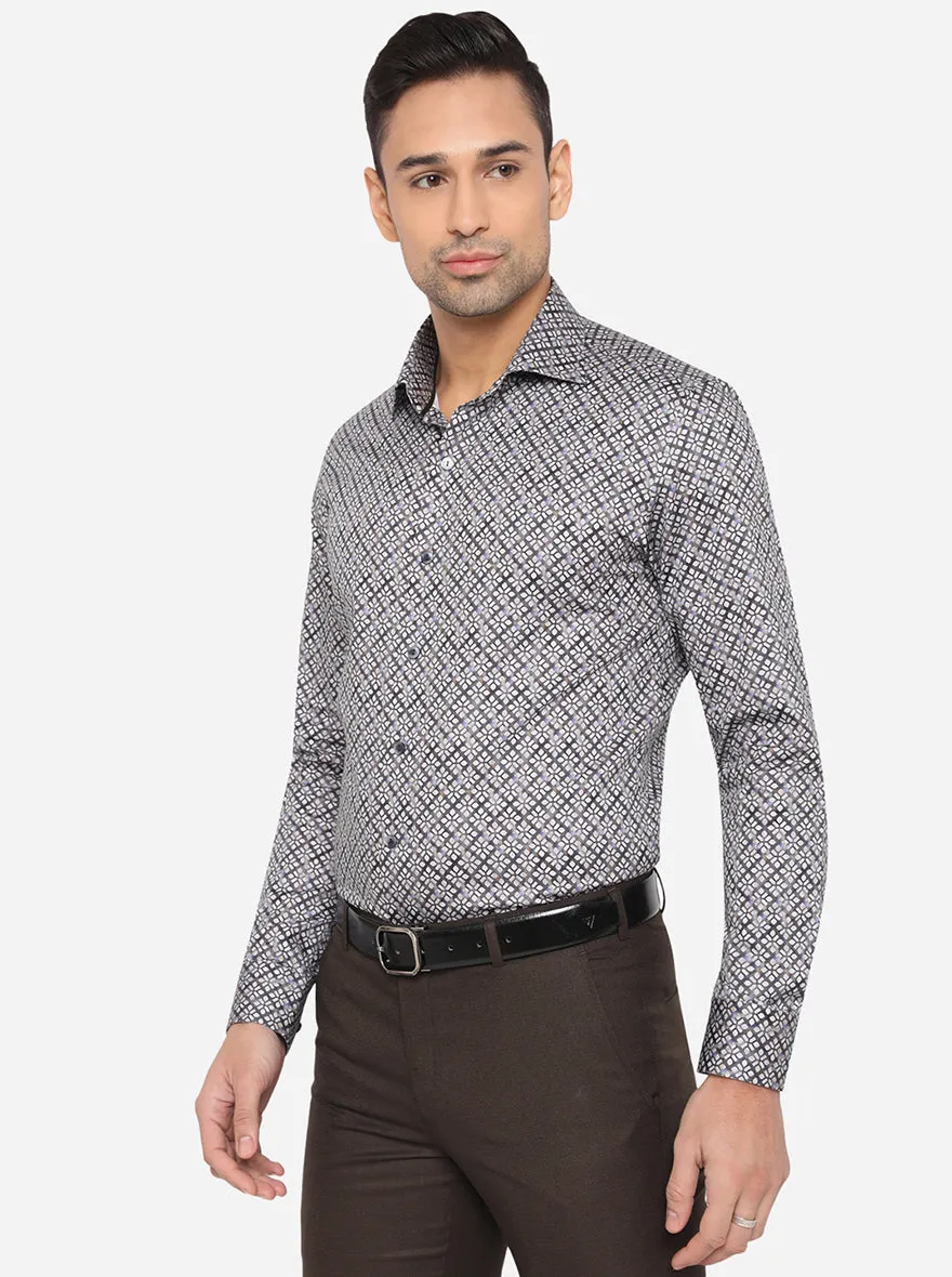 Grey & Blue Printed Slim Fit Party Wear Shirt | Wyre