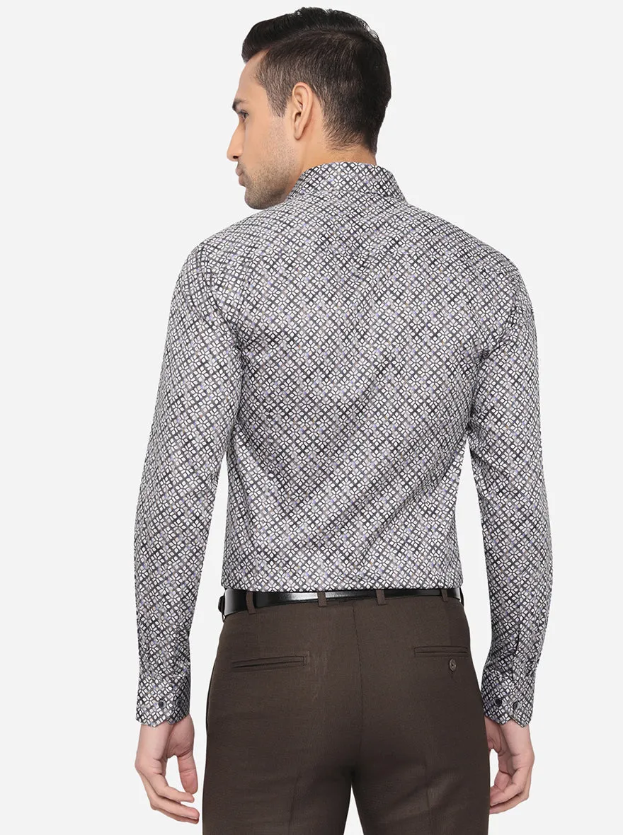 Grey & Blue Printed Slim Fit Party Wear Shirt | Wyre