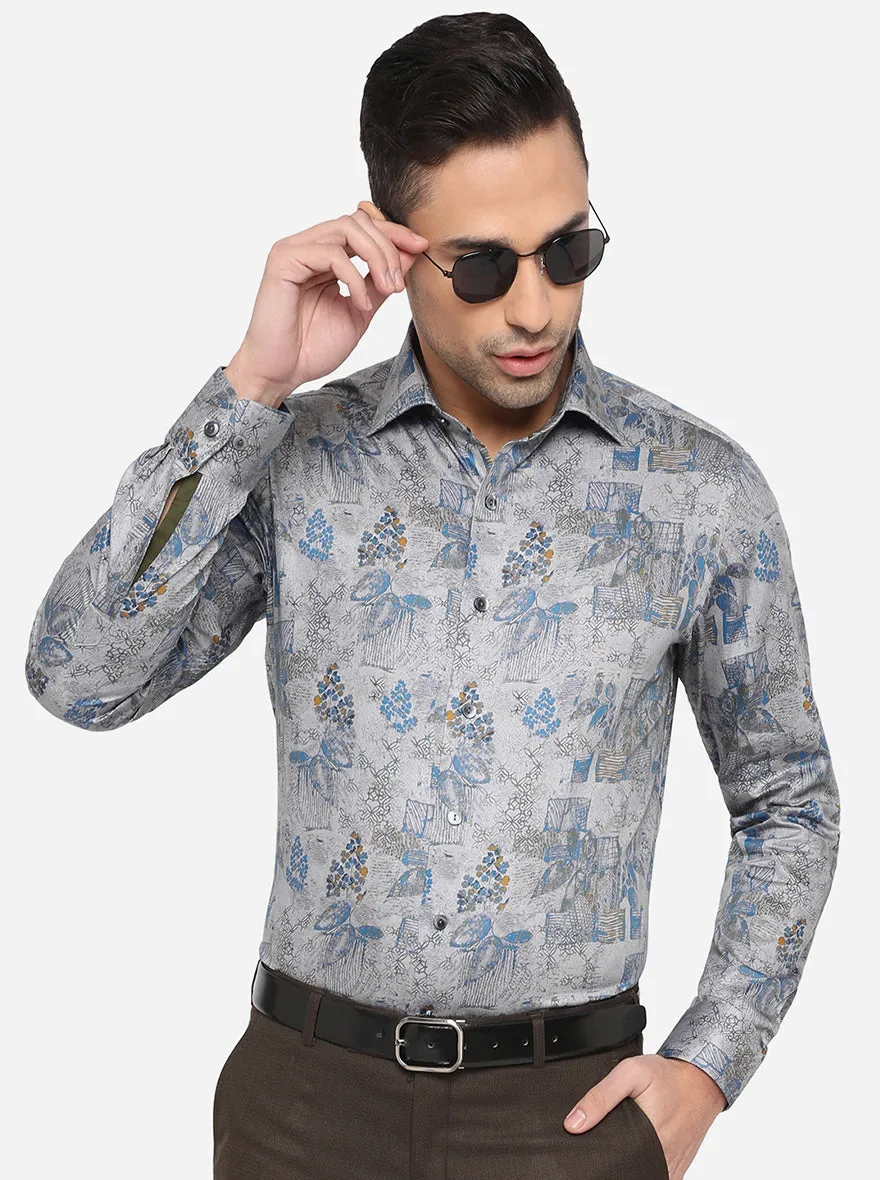 Grey Printed Slim Fit Party Wear Shirt | Wyre