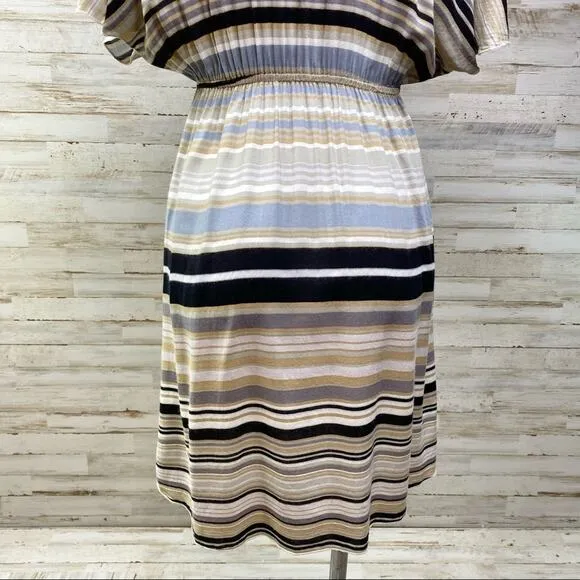 Hale Bob Silk Blend Faux Wrap Dress Womens Size S Tan Black Striped