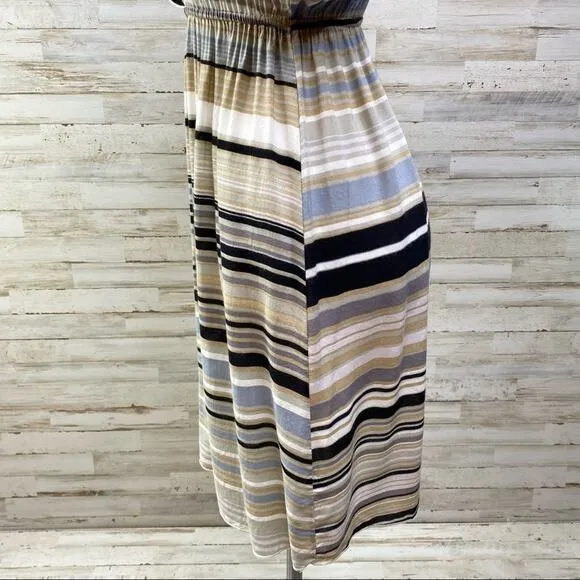 Hale Bob Silk Blend Faux Wrap Dress Womens Size S Tan Black Striped