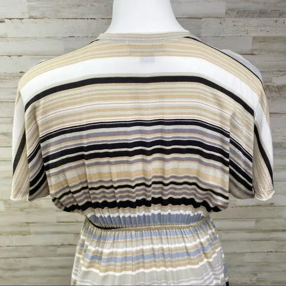 Hale Bob Silk Blend Faux Wrap Dress Womens Size S Tan Black Striped