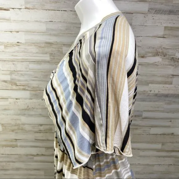 Hale Bob Silk Blend Faux Wrap Dress Womens Size S Tan Black Striped