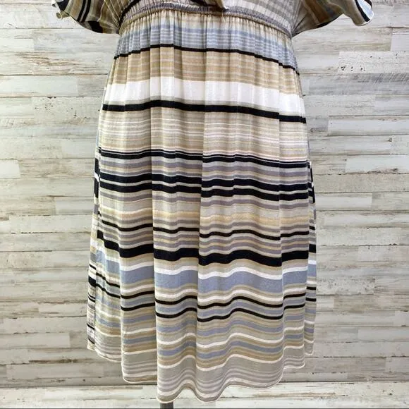 Hale Bob Silk Blend Faux Wrap Dress Womens Size S Tan Black Striped