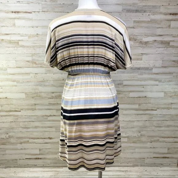 Hale Bob Silk Blend Faux Wrap Dress Womens Size S Tan Black Striped