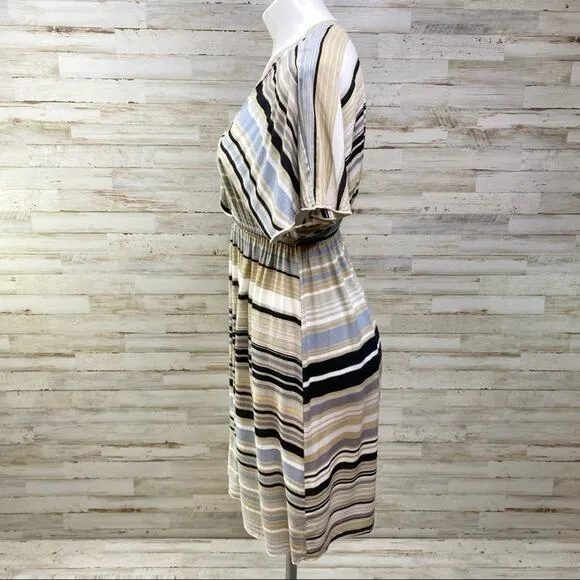 Hale Bob Silk Blend Faux Wrap Dress Womens Size S Tan Black Striped
